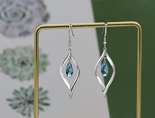Rhodium Plate 925 Sterling Silver Hook Twist Leaf Holiday Hypoallergenic Dangle Earrings for Women Gifts Engagement Wedding with Austrian Daiamond Cut Waterdrop Crystal Hight Polished Long :1.9 IN - color: sea blue