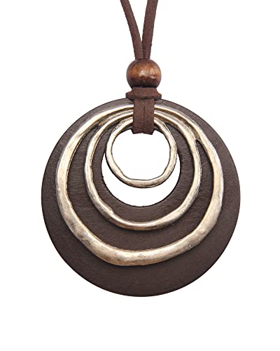 PU Leather Necklace Vintage Boho Style Multilayer Pendant Long Sweater Necklace Jewelry for Women Men with Adjustable Leather Cord - color: Brown/Gold