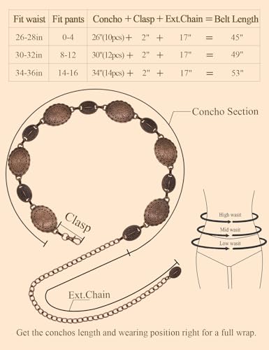 TOPACC Western Metal Concho Belt for Women Cowgirl Chain Belts for Dresses Jeans Country Concert Outfit - color: C Bronze, size: Fit Waist: 34-36 in