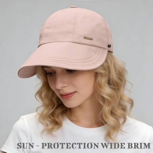 huablo]UPF 50+Womens Sun Hat UV Protection Hiking Fishing Hats Wide Brim Hat Adjustable Ponytail Packable Sun Cap - color: Sakura Pink