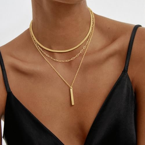 BERISO 14K Gold Plated Layered Necklace for Women, 3 Layer Dainty Gold Necklace with Minimalist Pendant, Elegant Everyday Gold Jewelry Gift - style: layered necklace-F