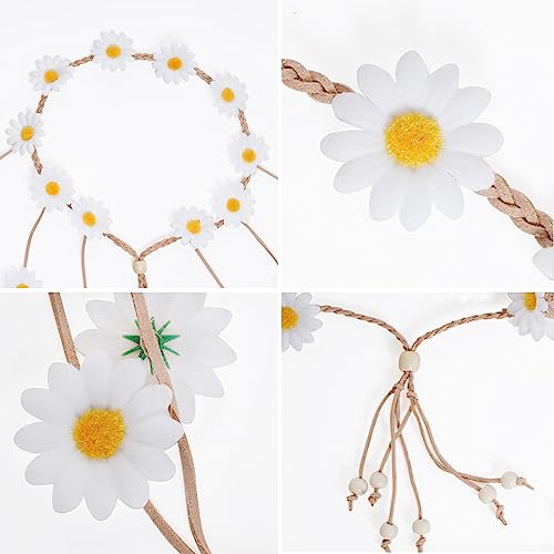 Sucrain 2pcs Flower Hippie Headband Floral Crown Summer Sunflower Hair Accessories for 70 s Bohemian Costumes Style for Women(White+White) - color: White+White