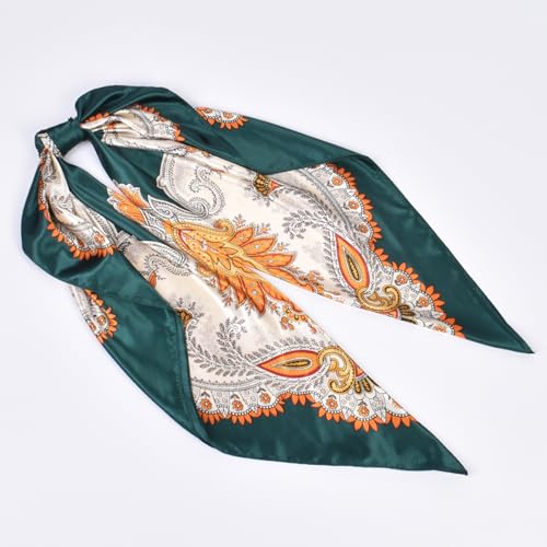 35 x 35 Women's Fashion Pattern Large Square Silk Like Hair Scarf Head Sleeping Wrap Satin Neck Bandana for Gift… - color: Garland Cashew Nuts-green