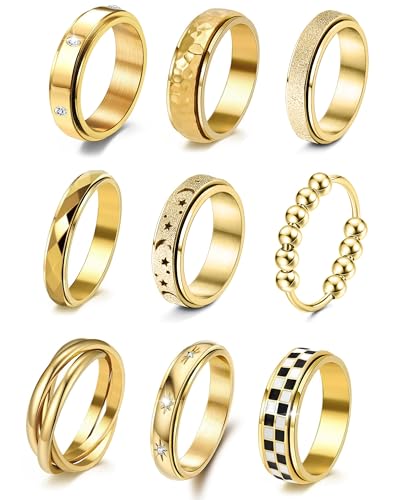 FEYIR 8 Pcs Fidget Rings for Women Anxiety Spinner Stainless Steel CZ Band Ring Spinning Rings Set for Anxiety - color: 9pcs-Gold