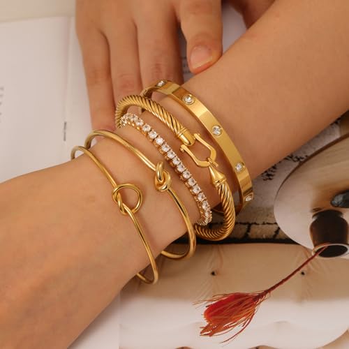 18 K Gold Plated Love Bangle Bracelet Stack Cuff Jewelry for Women Jewelry Set for Women Gift with Box - style: style1
