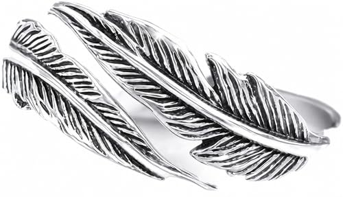 Silver Plated Feather Ring | 925 Silver Adjustable Open Ring | Vintage Leaf Design Inspirational Jewelry for Men & Women | Hypoallergenic Boho Statement Ring - color: Plain leaf