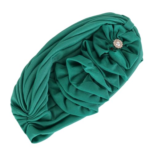 Flower Turban Hats for Women - Ruffle Bead Stretch Solid Caps Chemo Cancer Pre Tied Headscarf Headwear - color: Teal