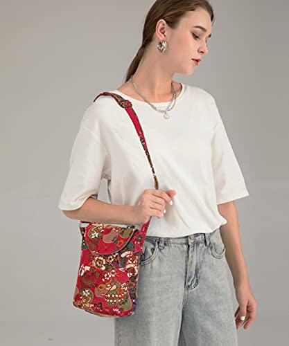 OPQRSTU Women's Retro Small Size Canvas Shoulder Bag Hippie Boho Crossbody Handbag - color: Red Windmill