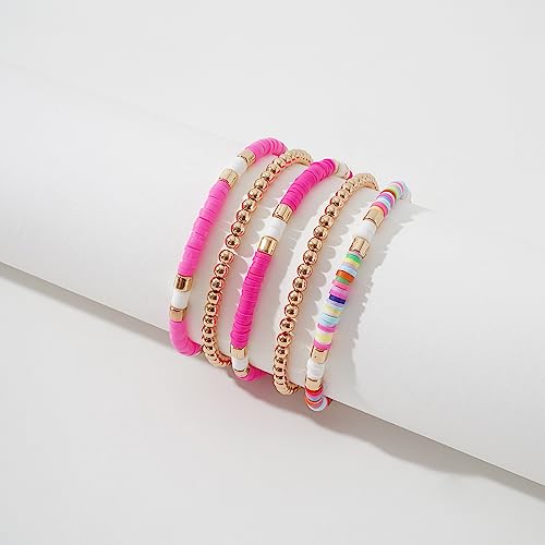 GOOJIDS Surfer Heishi Clay Bead Bracelets for Women Bohemian Stackable Gold Plated Beaded Stretch Bracelets Elastic Layering Friendship Bracelets Set Boho Jewelry - color: A-Multicolor Rose Sets