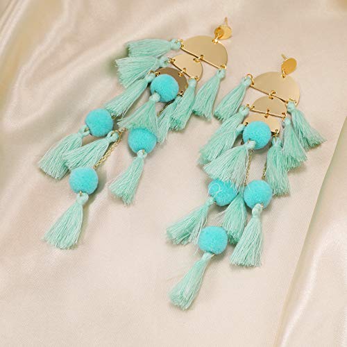 Long Tassel Earrings for Women Colorful Fringe Drop Dangle Earrings Bohemian Hawaiian Summer Beach Jewelry for Womens Vacation Outfits - color: Turquoise