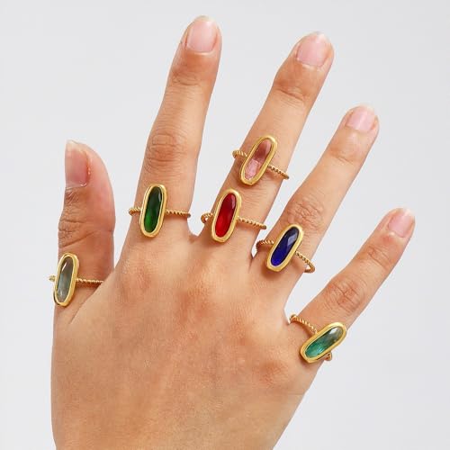18K Gold Plated Adjustable Twisted Rings for Women Non Tarnish Oval Czech Glass Stone Stainless Steel Statement Rings Open Gemstone Boho Stackable Band Jewelry - color: Green