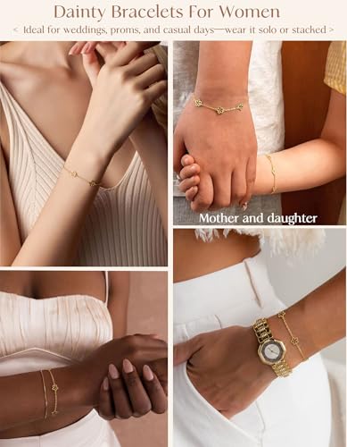 Dainty Silver Gold Bracelets for Women Trendy Non Tarnish 14K Gold Plated Cute Clover Bracelet Stackable Daisy Cubic Zirconia Diamond Charm Bracelet Stack Waterproof Jewelry Gifts - color: C- Daity Bracelet- Gold