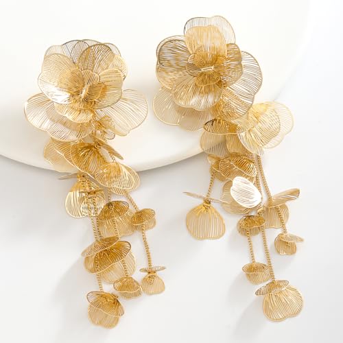Gold Silver Filigree Floral Dangle Earrings for Women, Long Drop Statement Earrings for Vintage Wedding Jewelry - style: Gold Long Floral Earrings