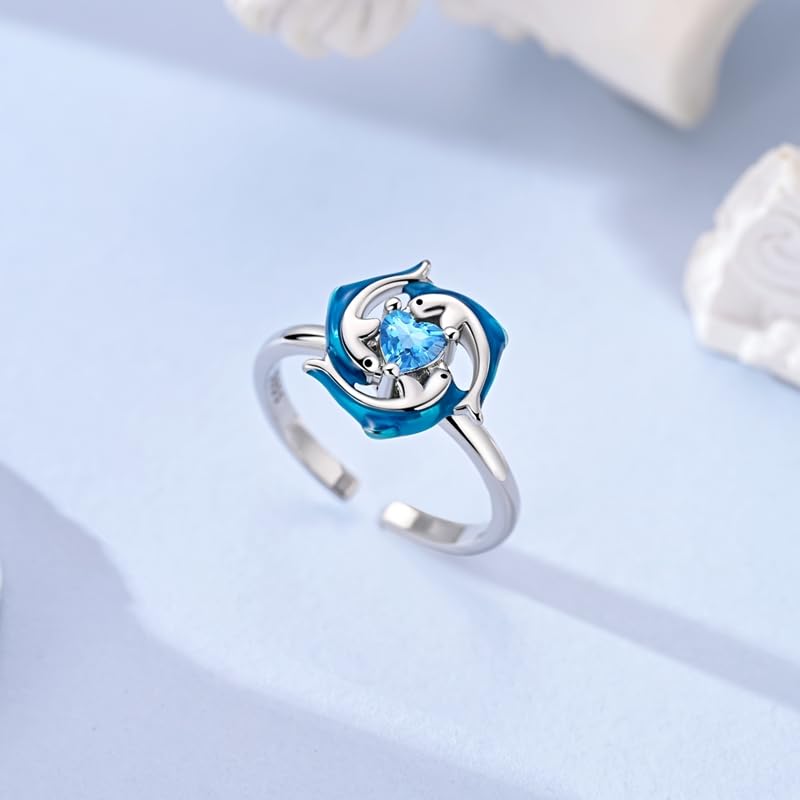 PARCOM Adjustable Women Stackable Ring, 925 Sterling Silver Open Rings - Trendy Eternity Cubic Zirconia Stackable Band Engagement Promise Ring for Her, Hypoallergenic Non Tarnish Nature Bird Floral Thumb Rings - color: Ocean Dolphin