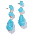 Boho Raffia Earrings Statement Dangle Earrings Cute Teardrop Ball Earrings Colorful Summer Jewelry Handmade Rattan Earrings for Women - color: Blue
