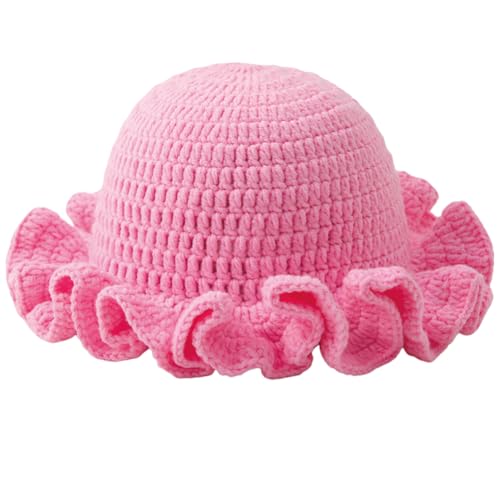 KORADI Womens Crochet Bucket Hat Ruffled Brim Knitted Hats Winter Boho Handmade Caps - color: Pink