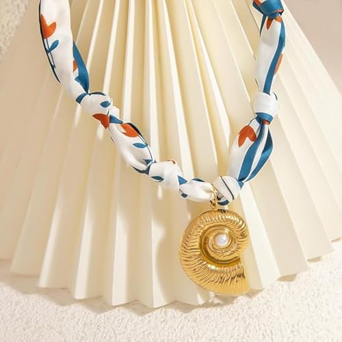 Scarf Necklace with Charm Gold Starfish Chunky Cross Heart Flower Pendants Bandana Charm Necklace Western Scarf for Women Boho Cowgirl Country Cowboy Accessories Beach Vacation Vacation Outfits Jewelry - color: C6-Scarf Necklace With Conch Charm