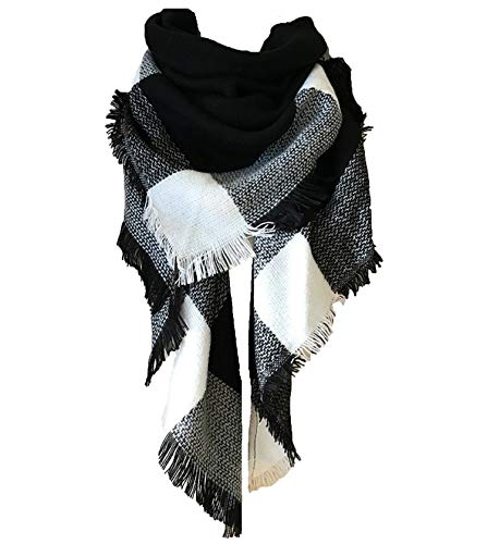 Wander Agio Womens Warm Long Shawl Winter Wraps Large Scarves Knit Cashmere Feel Plaid Triangle Scarf - color: Big Black White 15