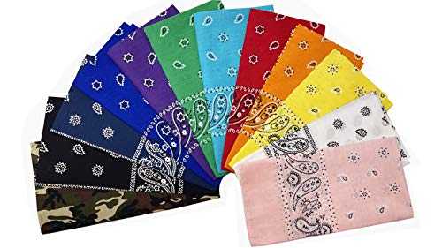 Vamqor 12pcs Bandana for women and men 100% Cotton Custom Fashion Paisley Design Multifunctional Outdoor Square Handkerchief - color: 12 Pack Assorted