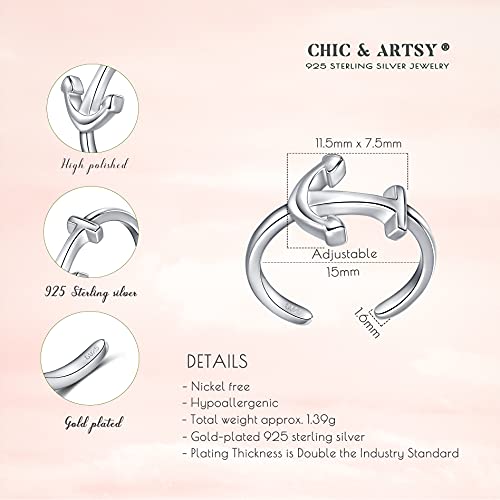 CHIC & ARTSY 925 Sterling Silver Open Toe Ring for Women - Lightweight Comfortable Yoga Toe Rings, Adjustable Stackable Toe Rings, Boho Coastal Vacation Beach Foot Jewellery - color: Anchor/silver