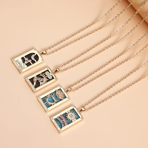 Gold Tarot Card Necklace for Women Men, Non Tarnish 18K Gold Plated Vintage Lucky Charm Square Pendant Talisman Amulet Necklaces Unisex Jewelry - style: The World