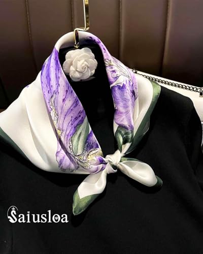 Saiusloa Neck Scarf For Womens Silky Head Scarves Hair Bandanas Square Scarf Fashion Accessories lightweight - color: 38-purple Irises With Green Edges