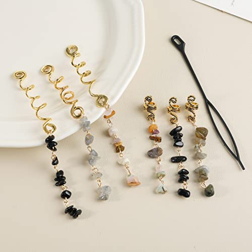 FRDTLUTHW Hair Jewelry Dreadlock Accessories, Natura Stone Hair Charms for Braids, Hair Ring Crystal Hair Accessories for Women(Black, pack of 6) - color: Black, 6Pcs