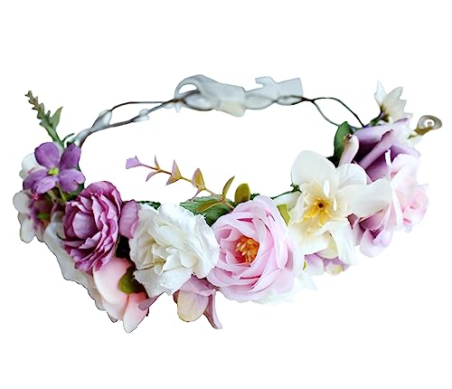 Vivivalue Women Flower Crown Rose Floral Headband Hair Wreath Flower Headpiece Halo Boho with Ribbon Wedding Party Festival Photos - color: 6