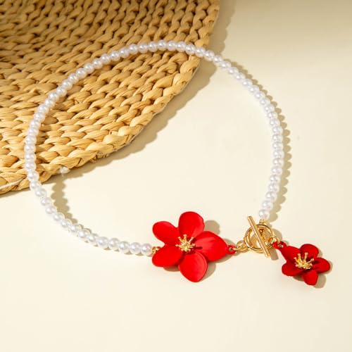 WCRAZYE Gold Flower Earrings Necklace Set for Women Boho Summer Daisy Floral Statement Earrings Brides Wedding Guest Dresses Jewelry - color: Red B