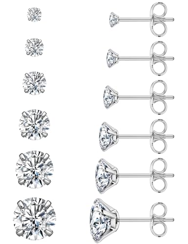 6 Pairs Stud Earrings Set, Hypoallergenic Cubic Zirconia 316L Earrings Stainless Steel CZ Earrings 3-8mm - color: A-003-Silver