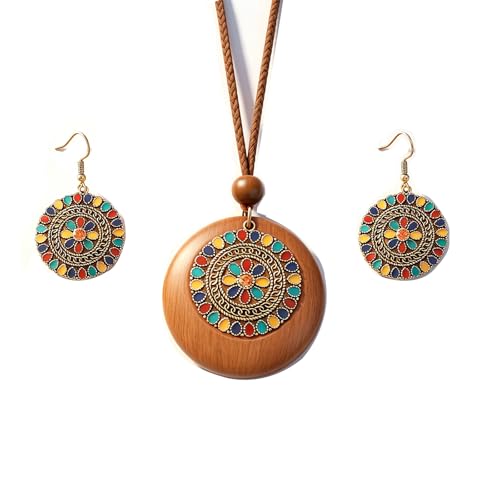 Wooden Leather Necklaces Set Bohemian Wood Stack Discs Long Chain Hemp Rope Bronze Plated Pendant Ethnic Tribal Fall Leaf Earrings Jewelry Statement Necklace - color: R-040