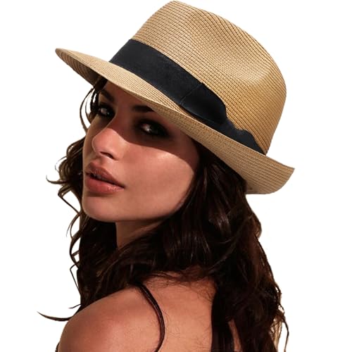 DRESHOW Women Straw Sun Hat Short Brim Panama Travel Fedora Summer Hat Roll Up Beach Cap for Women UPF 50+ - color: 1 Pack Rolled Hat: Khaki (Black Band)