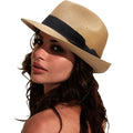 DRESHOW Women Straw Sun Hat Short Brim Panama Travel Fedora Summer Hat Roll Up Beach Cap for Women UPF 50+ - color: 1 Pack Rolled Hat: Khaki (Black Band)