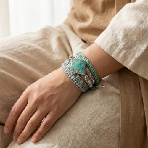 YGLINE Boho Handmade Wrap Leather Tube Crystal Stone Bracelet for Women - color: Blue
