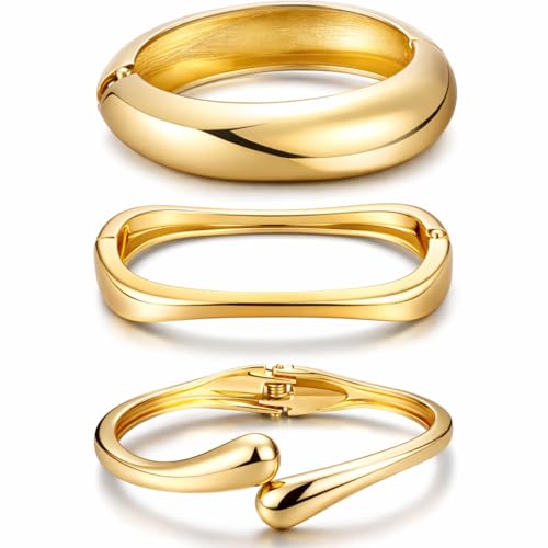 Chunky Gold Bangle Bracelets for Women, Dainty 14k Gold Plated Big Stackable Bangles Set, Trendy Statement Cuff Bracelet Stack Summer Beach Jewelry Gifts - style: Gold