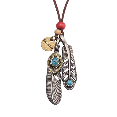 Leather Necklace for Women Long Boho Necklace Bohemian Choker Vintage Necklace Braided Boho Jewelry with Adjustable Brown Leather Cord - color: Feather Leather Necklace