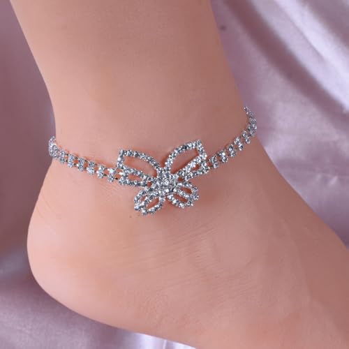 Gold Ankle Bracelets For Women Rhinestone Pendant Butterfly Tennis Anklet Bracelets Summer Foot Chain Jewelry - color: SilverA