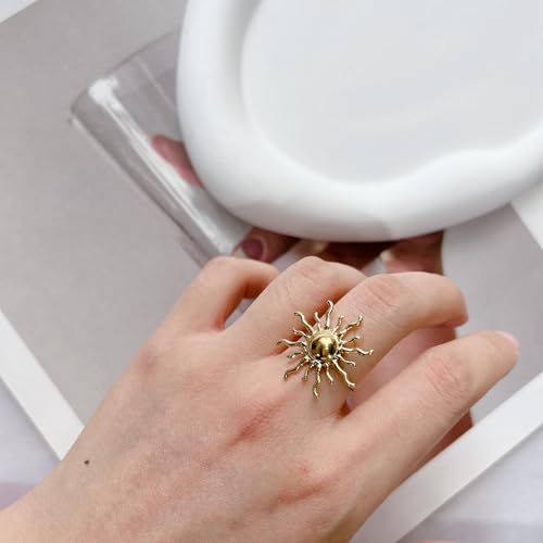 Vintage Sun Wrap Band Statement Ring for Women Men Stainless Steel Gold Unique Adjustable Large Sunburst Knuckle Thumb Finger Open Rings Boho Delicate Jewelry for Her
