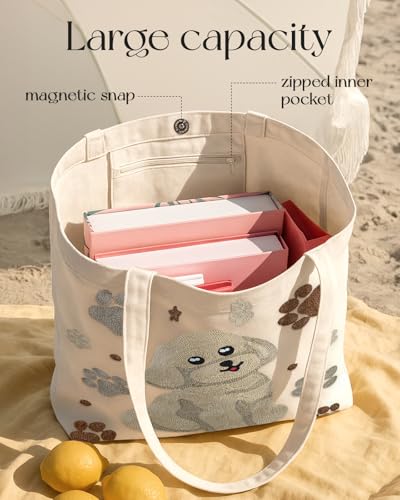 Miss Adola Embroidery Tote Bag with Pocket & Buckle - Reusable Canvas Tote for Women Cute Aesthetic Work Shopping Grocery Bag - style: Dog