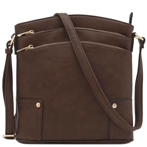 ALYSSA Triple Zip Pocket Large Crossbody Bag - color: Coffee