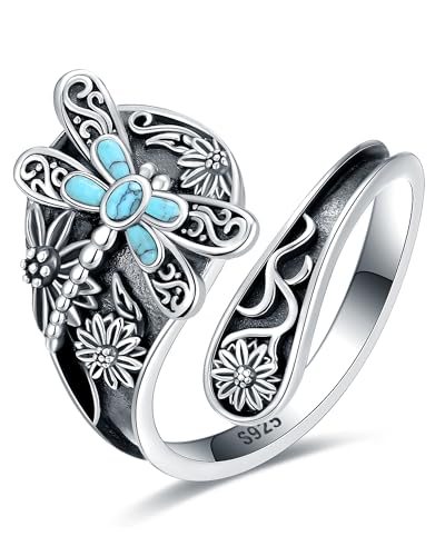 Turquoise Jewelry for Women - Sterling Silver Turquoise Rings Vintage Adjustable Sunflower Dragonfly Butterfly Spoon Ring Victorian Style Boho Antique Flower Thumb Statement Rings Jewelry Gifts for Women - color: Turquoise & Dragonfly