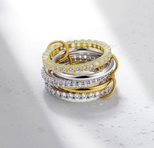 18K Gold Plated Stackable Rings for Women with Gift Box – Silver & Gold Multi-Link Connected Bands Set,Cubic Zirconia Mixed Metals Rings, Tarnish-Resistant Jewelry - color: five rings set, size: 10
