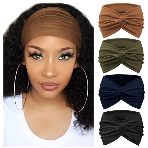 AQOKKA Extra Wide Headbands for Women Large Turban Headband Non Slip Boho Elastic Hairband Hair Twisted Knot Head Bands Accessories - color: 4 Pcs: Coffee, Olive, Navy Blue, Black
