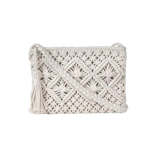Eiyye Handmade Crochet Purse Boho Cotton Rope Crossbody Shoulder Bag with Tassel Casual Bag for Women - color: Off-white