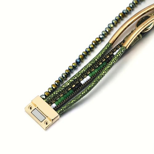 Boho Layered Bracelet for Women – Green Crystal Beaded Wrap Bracelet with Gold Clasp, Multi-Strand Hypoallergenic Statement Jewelry - color: Green