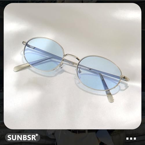 Retro Oval Sunglasses for Women Men 90s Trendy Small Round Gold Sun Glasses Fashion Narrow Metal Frame Shades - color: Silver/Blue