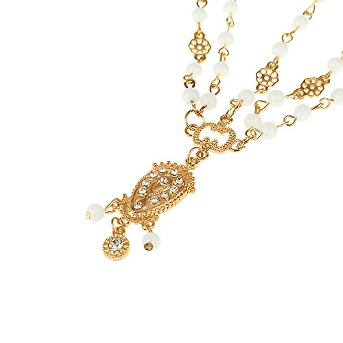 Gold Tone Indian Style Hair Pendant Circular Head Chain Headpiece. Crystal Water Drop. (Double Pearl Layer) 13.6" X 23.3 X 1.7.