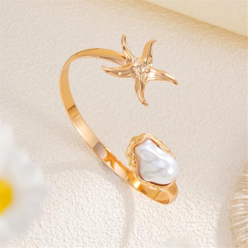 COLORFUL BLING Ocean Starfish Flower Arm Cuff Bracelet for Women Boho Floral Bangle Summer Beach Vacation Armband Jewelry - color: E gold
