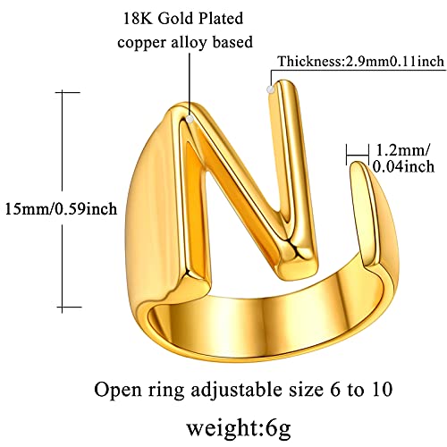 FindChic Customizable Initial Ring Statement 18K Gold Plated Fashion Cuff Rings for Women Alphabet Letter A to Z Resizable Knuckle Ring (with Gift Box) - color: N