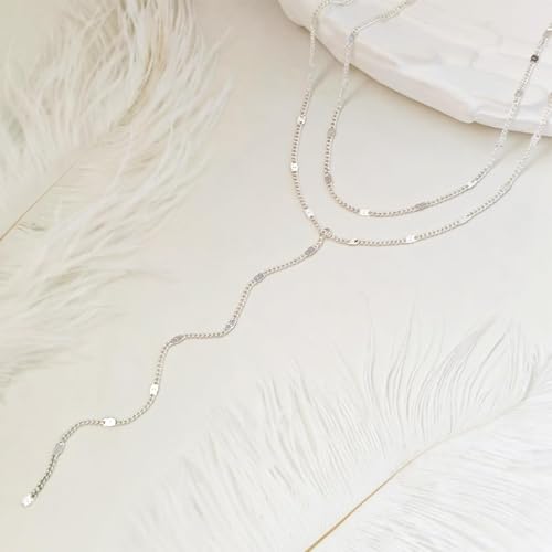 HAXIYA Lariat Gold Necklace for Women Dainty Long Necklace 14K Gold Plated/Silver Y-Shaped Pendant Drop Chain Layered Pearl/Beaded/CZ Necklaces Gold Jewelry Gift for Prom/Wedding - style: Sequin - Silver